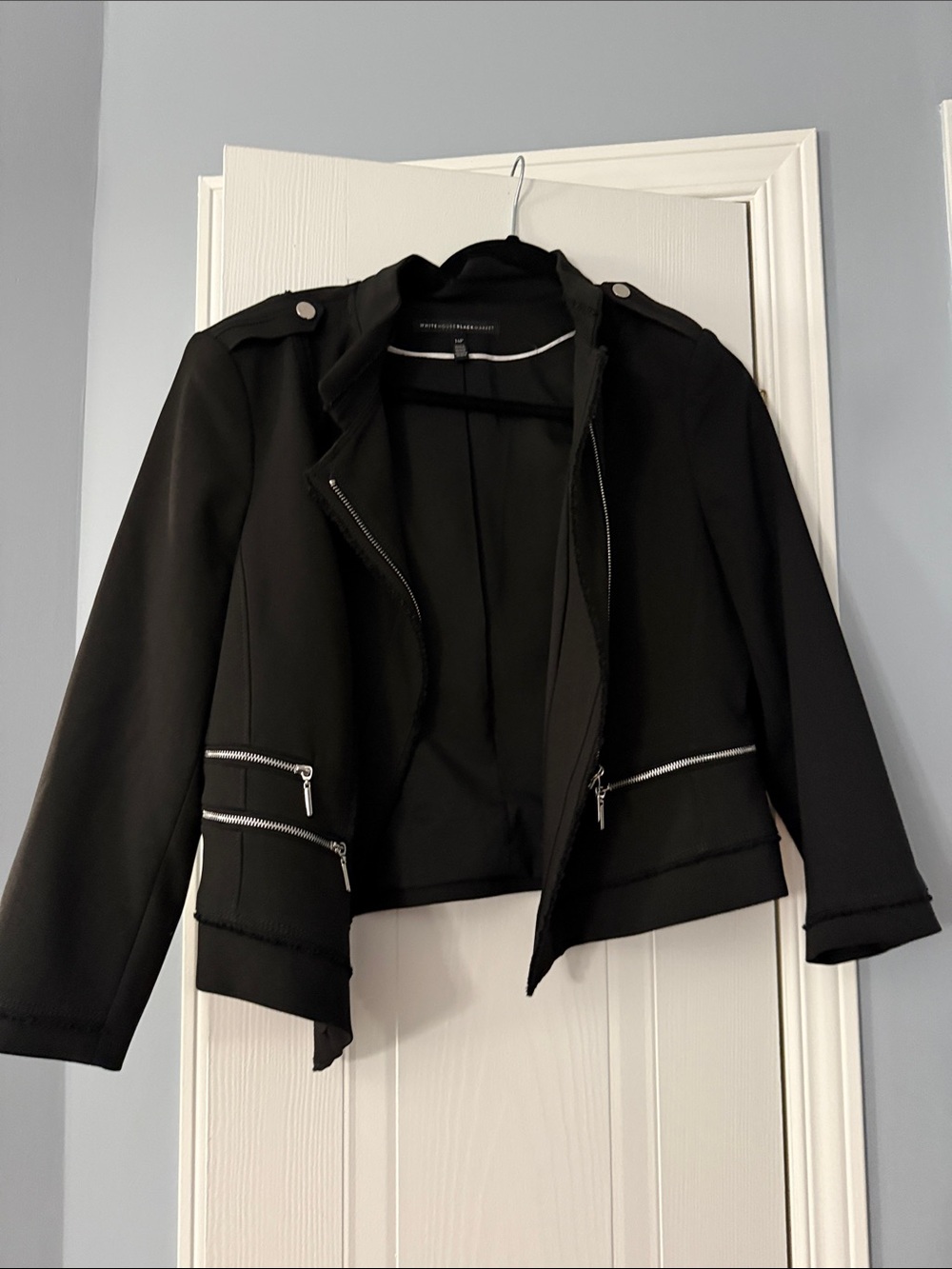 White House Black Market Black Cropped Moto Jacket with Silver Zippers
